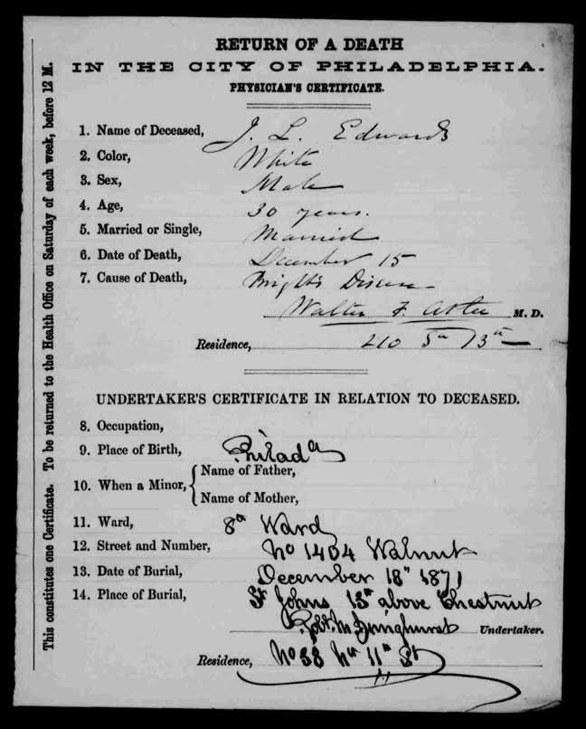 "Pennsylvania, Philadelphia City Death Certificates, 1803-1915," database with images, FamilySearch (https://familysearch.org/pal:/MM9.3.1/TH-267-12877-9572-28?cc=1320976 : 16 May 2014), 004010131 > image 898 of 1261; Philadelphia City Archives and Historical Society of Pennsylvania, Philadelphia.